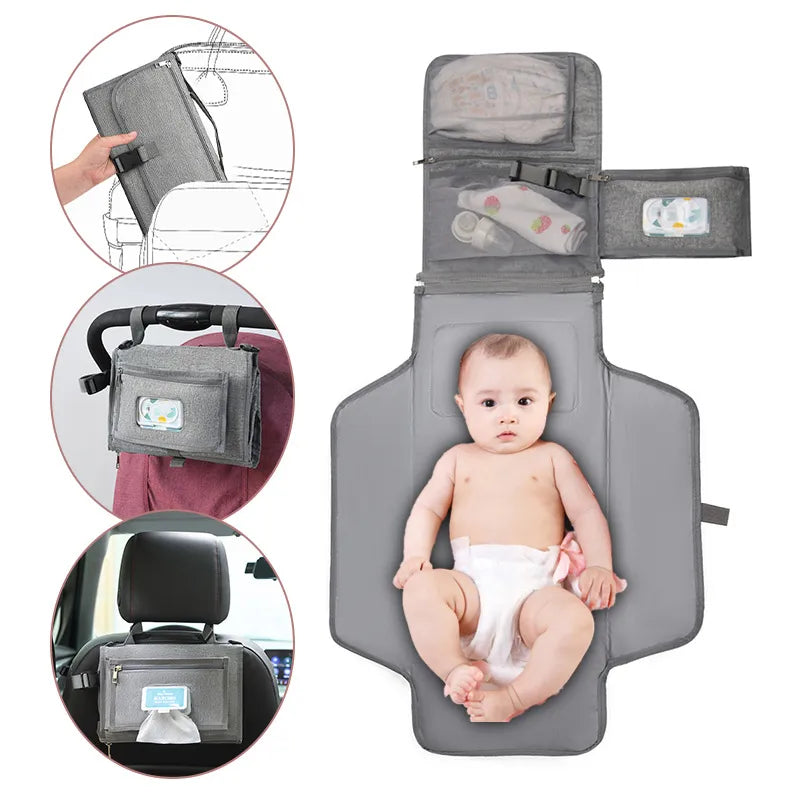 Portable changing pad with a baby laying on it, surrounded by close-up insets showing different uses.