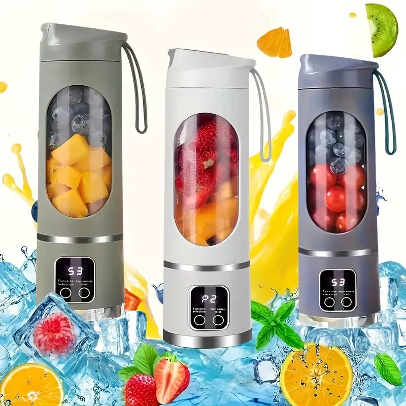 Three portable blenders with fruit inside on a colorful background with fruits and ice cubes.