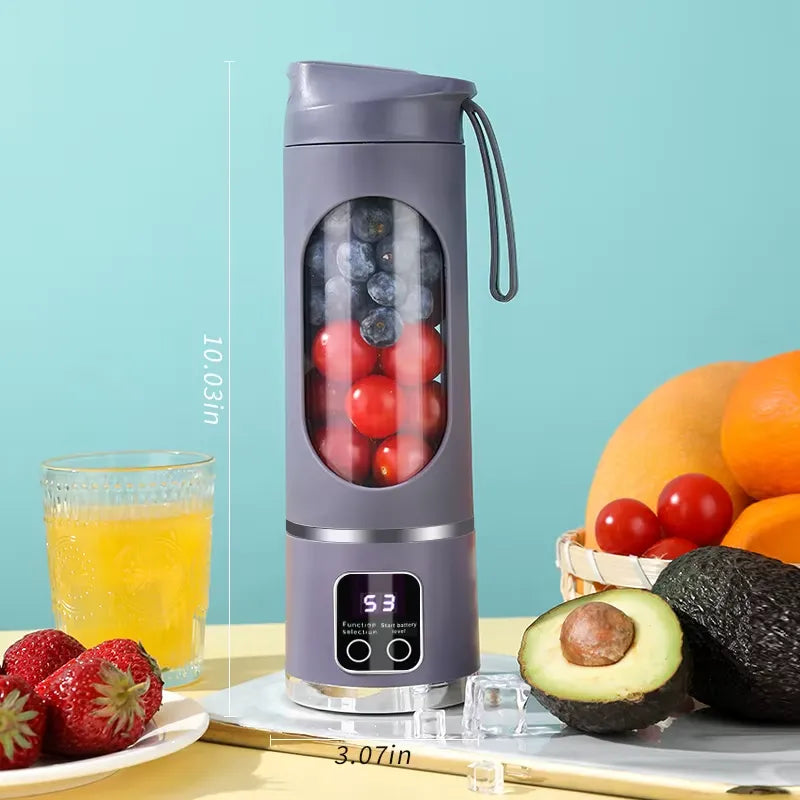 Purple portable blender showing dimensions with fruits and a glass of juice on a light blue background