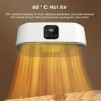 Portable dryer emitting heat with text about PTC ceramic heating on a brown background