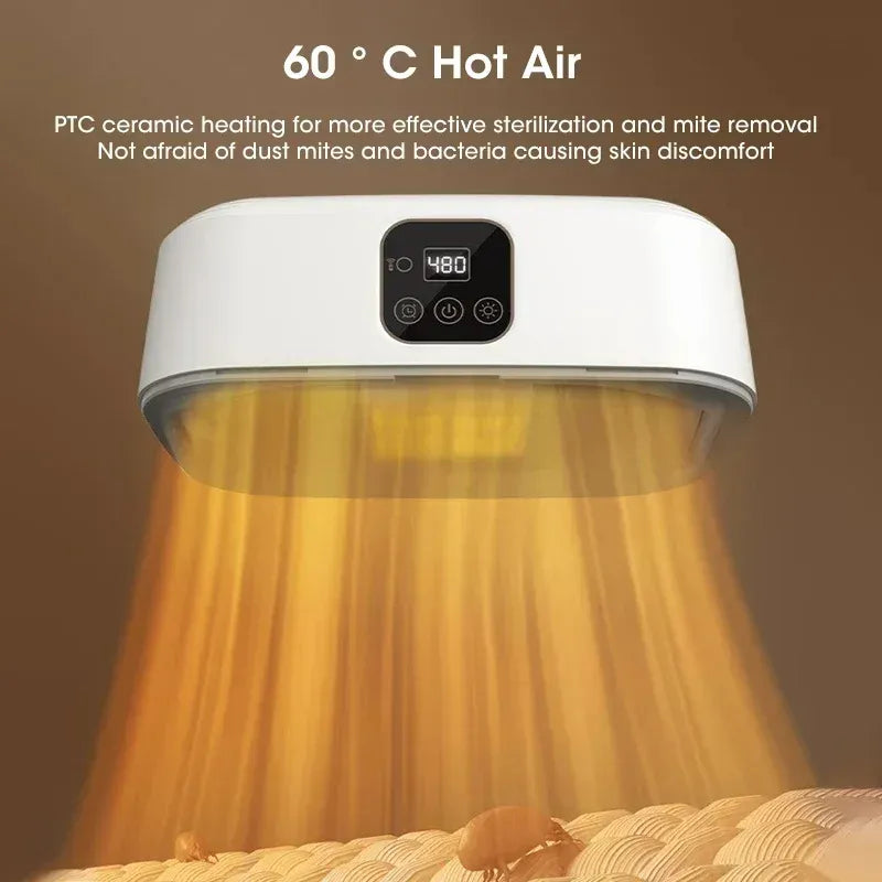 Portable dryer emitting heat with text about PTC ceramic heating on a brown background