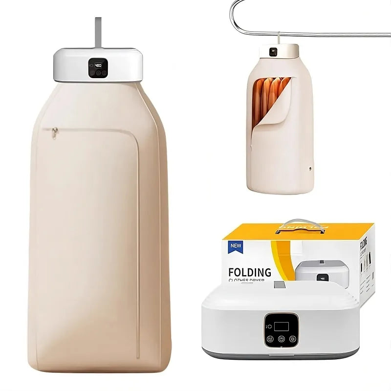 Collage of a beige hanging portable dryer device, an unzipped version of the same device with clothes in it and its packaging on a white background.