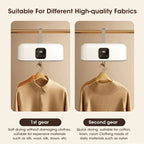 Clothing dryer on a hanger with text indicating different settings for fabric types.