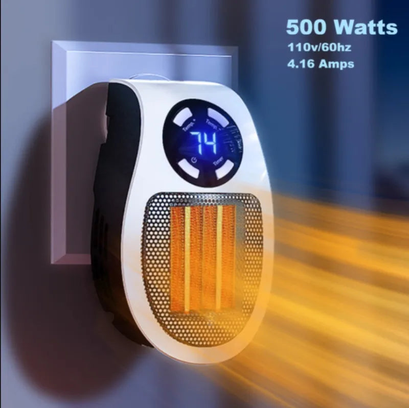 Small electric space heater with digital display on a wall socket, emitting heat.