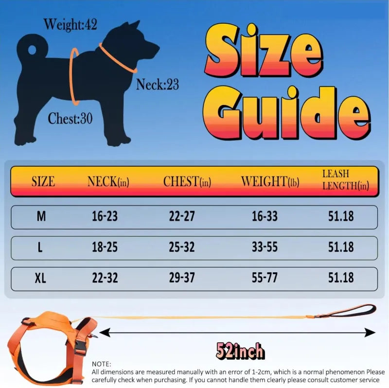 Dog harness size guide with measurements for neck, chest, weight, and leash length on a blue background.