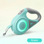 Green retractable dog leash with led and gray handle on a light beige background