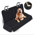 Dog sitting on a black quilted car seat cover with a close-up inset showing the material.