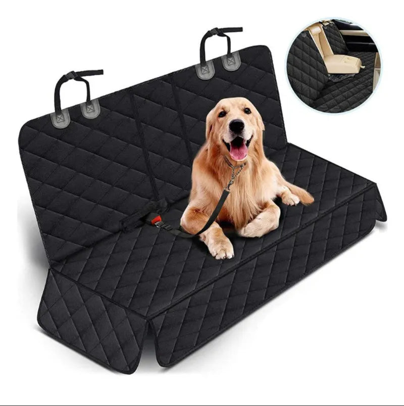 Dog sitting on a black quilted car seat cover with a close-up inset showing the material.