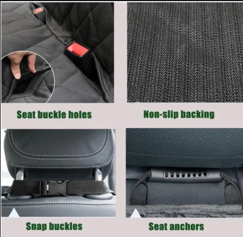 Collage of features including seat buckle holes, non-slip backing, snap buckles, and seat anchors on a car seat cover.