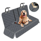 Dog sitting on a gray car seat cover with a close-up inset showing texture details.