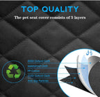 Pet seat cover with 5-layer construction details on a black background