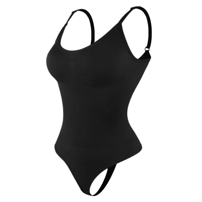 Black bodysuit with thin straps on a white background