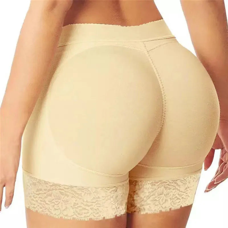 Beige shapewear with lace trim on a white background