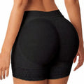 Black high-waisted padded shapewear underwear with lace trim on a white background