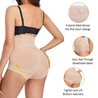 Woman wearing a beige shapewear with black bra, highlighting features on a white background.