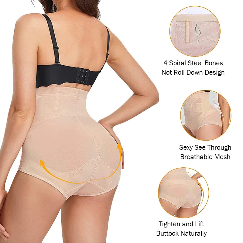 Woman wearing a beige shapewear with black bra, highlighting features on a white background.