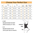 Size chart for measuring waist, hip, and body sizes with conversion options.