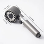 Handheld shower head with measurements on a white background