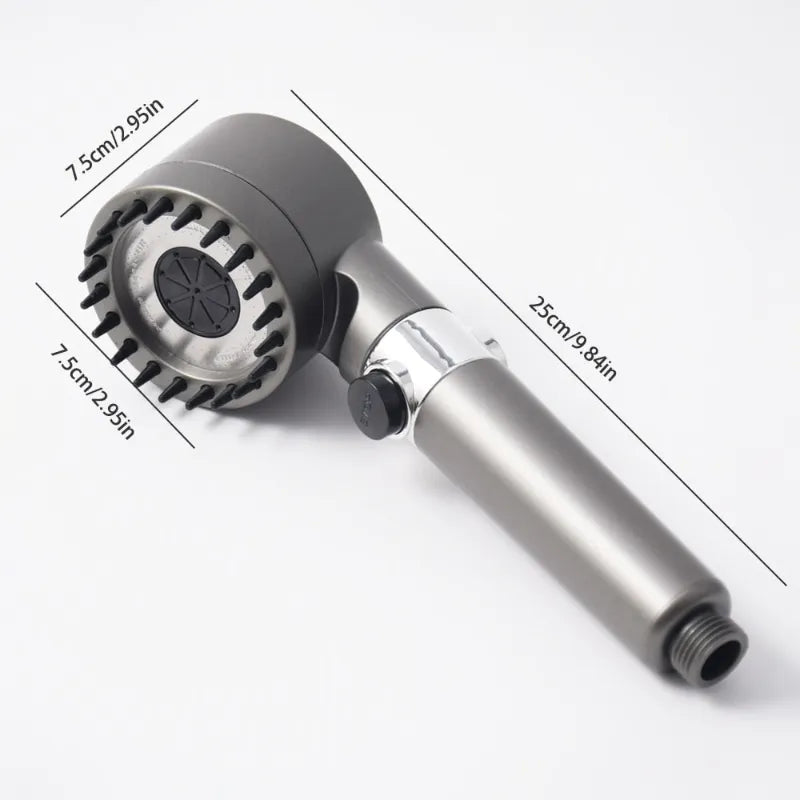 Handheld shower head with measurements on a white background