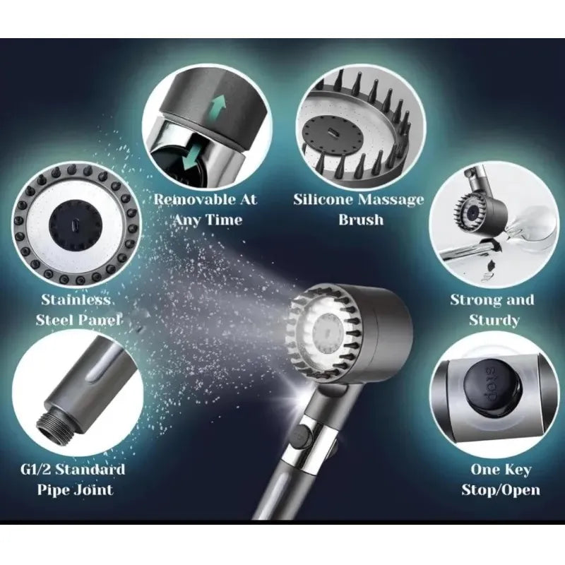 Shower head with various features highlighted on a dark background