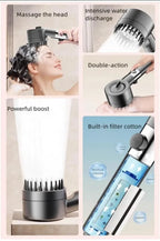 Massaging shower head with various features highlighted in a collage.