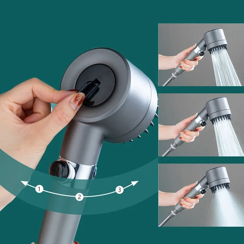 Handheld shower head showing multiple nozzle modes and a hand holding it, on a green background.