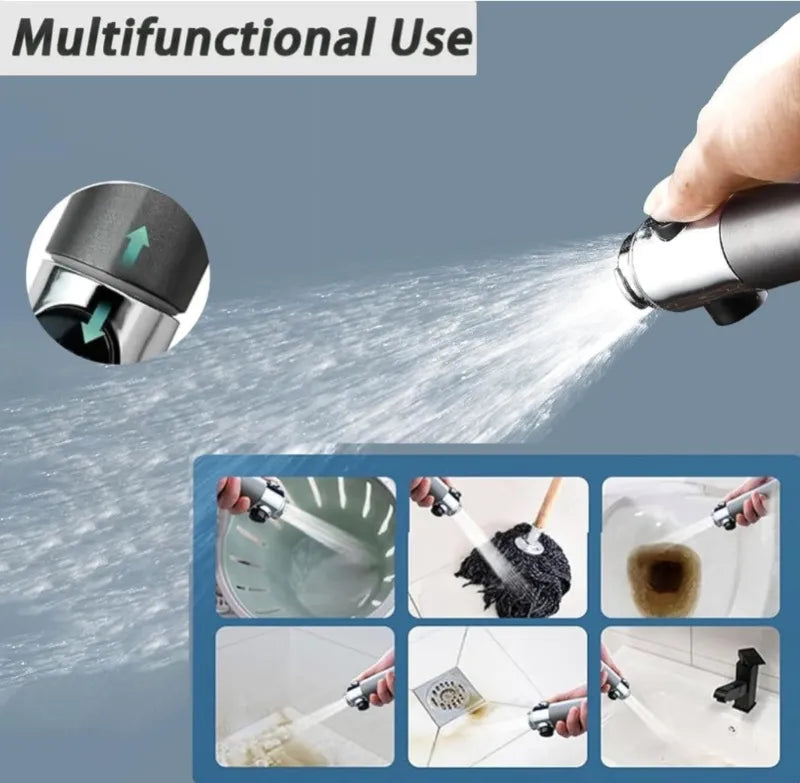 Multifunctional cleaning tool with shower head removed and its various uses shown on a blue background