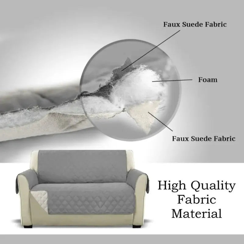 Gray sofa with faux suede fabric and foam layers labeled, on a gray background.