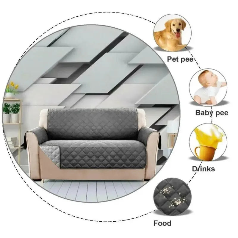 Gray sofa cover with quilted design on a white background, surrounded by icons indicating its uses.