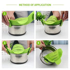 Step-by-step demonstration of using a silicon strainer on steel pot with white countertop background