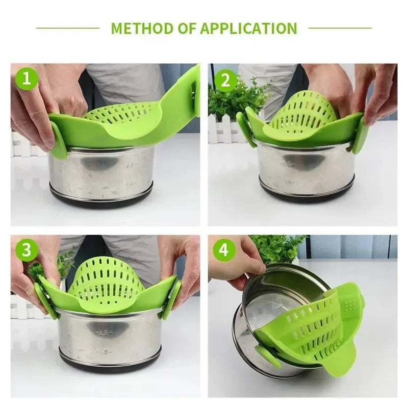 Step-by-step demonstration of using a silicon strainer on steel pot with white countertop background