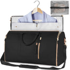 Black  travel bag with a blue shirt on a hanger and a clear pouch inside.