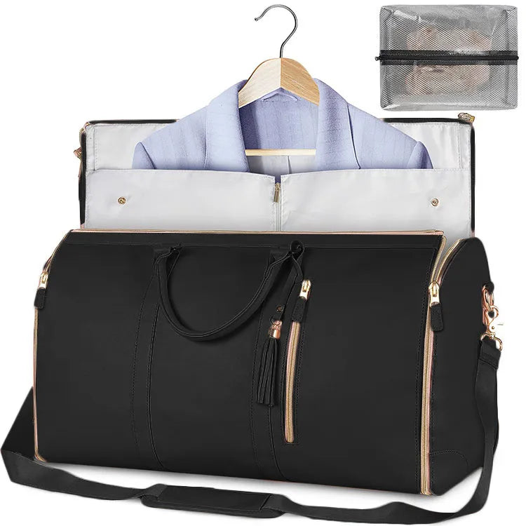 Black  travel bag with a blue shirt on a hanger and a clear pouch inside.