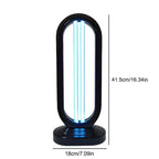 Black ultraviolet sanitizer device with blue light emitting on a white background, showing dimensions.