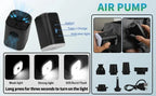 Air pump with safety light features and usage instructions on a blue background
