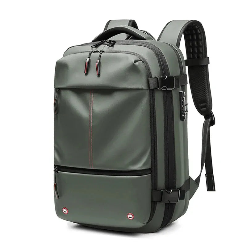 Green vacuum compression backpack with red accents on a white background