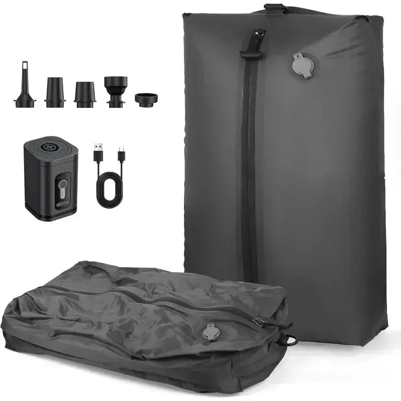 Set of gray vacuum compression travel bags with pump and accessories on a white background