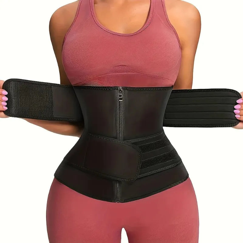 Person wearing a black waist trainer with a white background