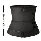 Black waist trainer with measurement details on a white background