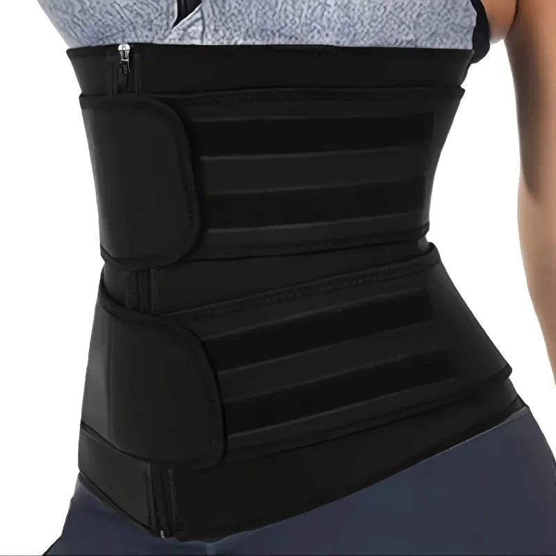 Black waist trainer worn by a person on a white background