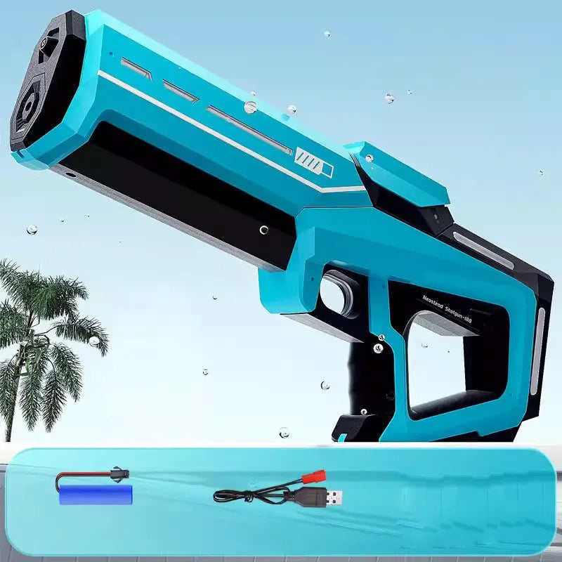 Blue and black toy water gun with battery and charge chord, palm tree and blue sky in the background