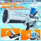 Water gun with external water bottle holder with blue water bottle on a pool background