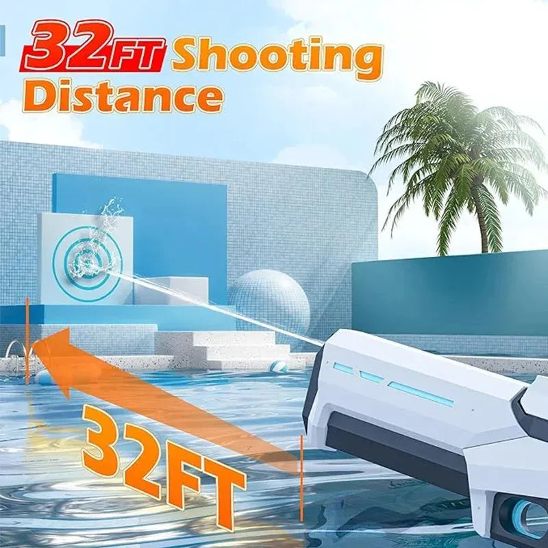 Illustration of a water gun with a 32ft shooting distance marker, set against a modern architectural background.