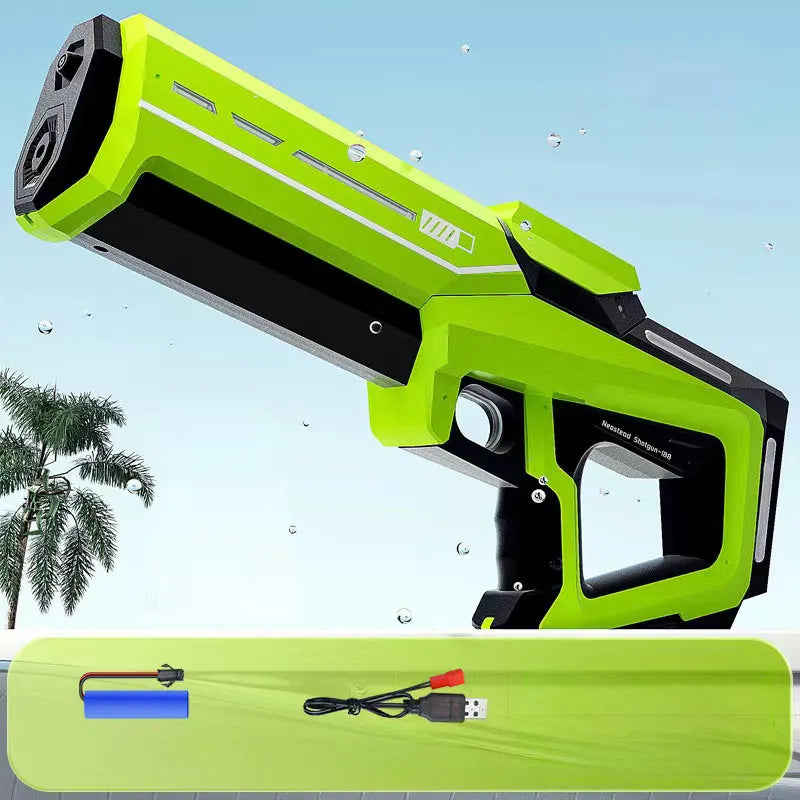 Green and black toy water gun with battery and charge chord, palm tree and blue sky in the background