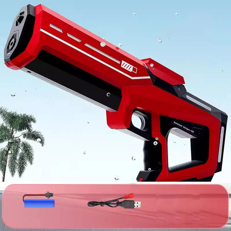 Red and black toy water gun with battery and charge chord, palm tree and blue sky in the background