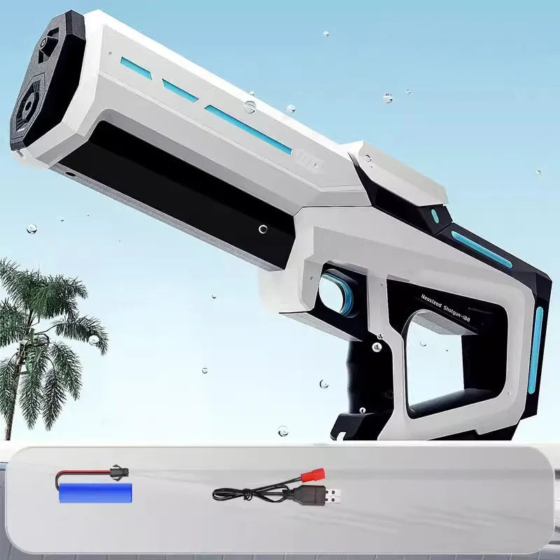 White and black toy water gun with battery and charge chord, palm tree and blue sky in the background