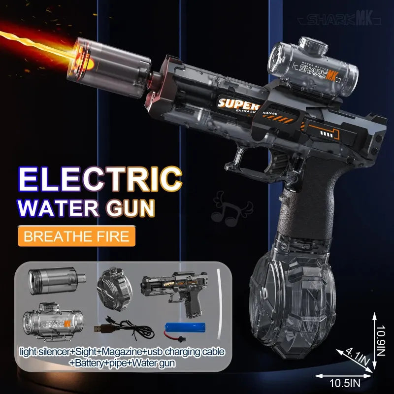 Black electric water gun with features on a dark background