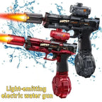 Light-emitting electric water guns with water splashes on a white background
