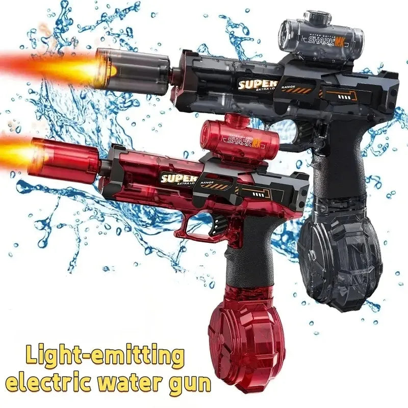 Light-emitting electric water guns with water splashes on a white background