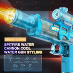 Blue water gun with fire effect and branding features on a dark background